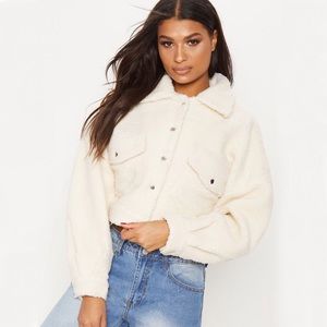 Cream cropped teddy trucker jacket